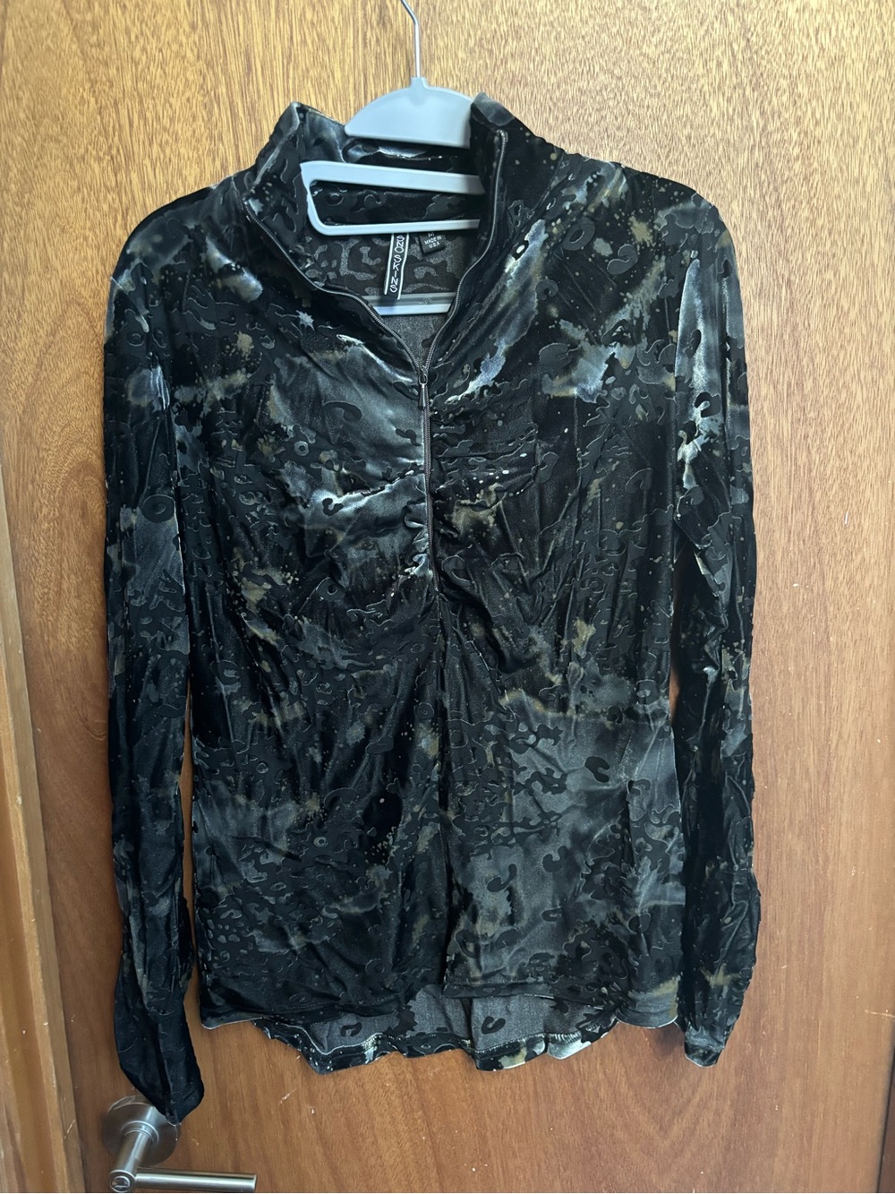 SNO SKINS Black Velour Long-Sleeve Zip-Neck Top with Subtle Pattern